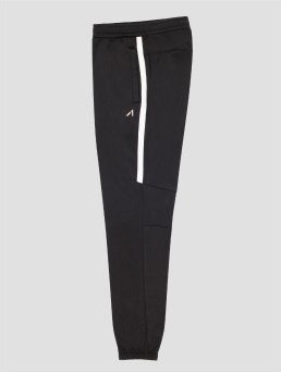 A photo of a pair of track pants from Alive. The pants are black with a white trim and white logo.